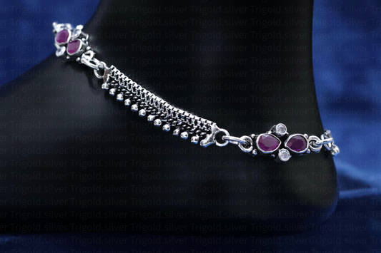 Antique Polish 92.5 Silver Anklet with Stone Accents