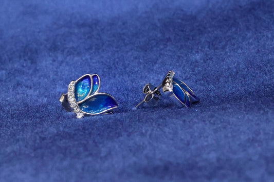 Charming 92.5 Sterling Silver Blue Butterfly Stud Earrings