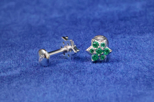 Vintage-Inspired 92.5 Sterling Silver Green Stone Flower Stud Earrings