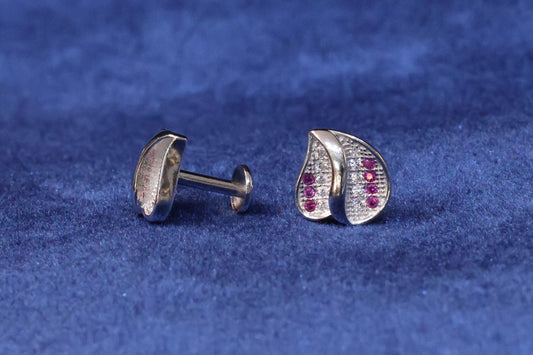 Delicate 92.5 Sterling Silver White and Red Stone Heart Stud Earrings
